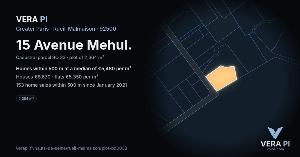 15 Avenue Mehul, Rueil-Malmaison at night – the plot lit, the parcels around coloured by the prices near them