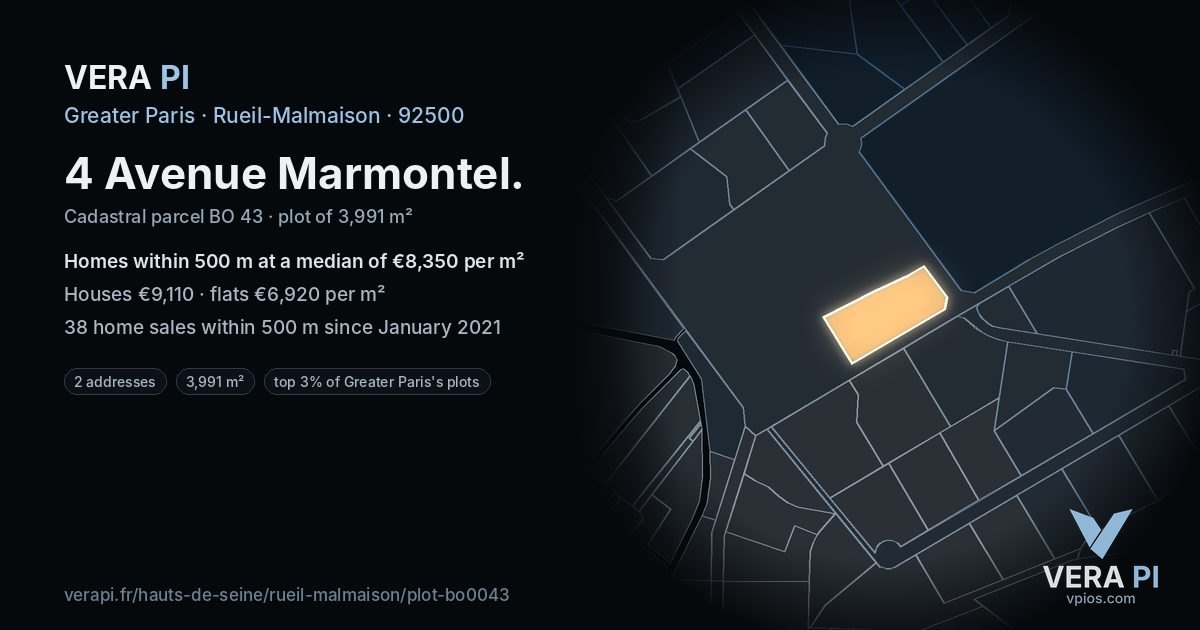 4 Avenue Marmontel, Rueil-Malmaison at night – the plot lit, the parcels around coloured by the prices near them