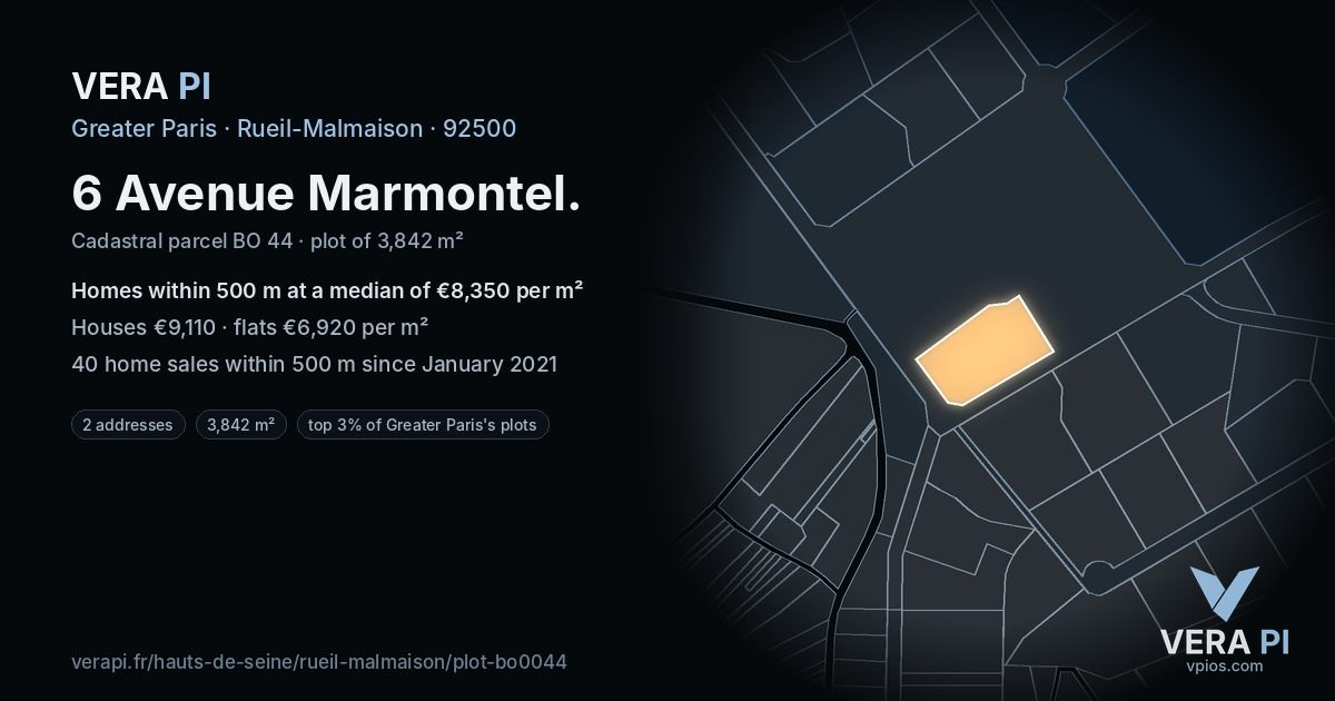 6 Avenue Marmontel, Rueil-Malmaison at night – the plot lit, the parcels around coloured by the prices near them