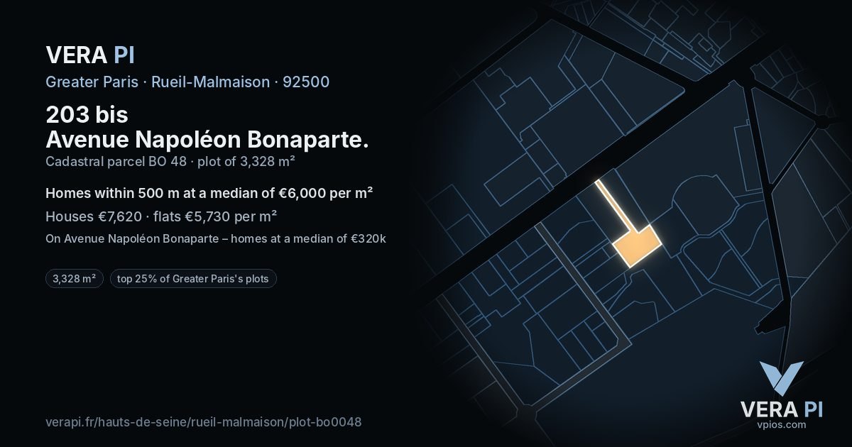 203 bis Avenue Napoléon Bonaparte, Rueil-Malmaison at night – the plot lit, the parcels around coloured by the prices near them