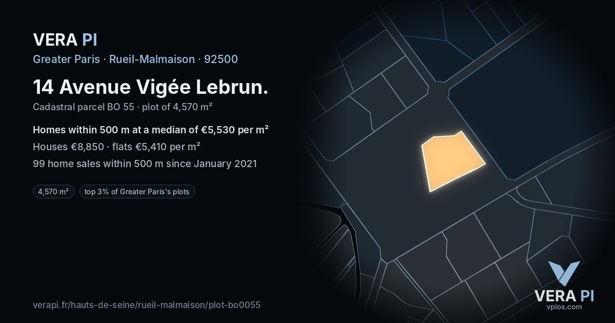 14 Avenue Vigée Lebrun, Rueil-Malmaison at night – the plot lit, the parcels around coloured by the prices near them