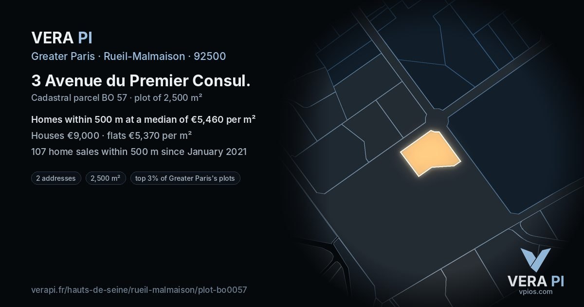 3 Avenue du Premier Consul, Rueil-Malmaison at night – the plot lit, the parcels around coloured by the prices near them