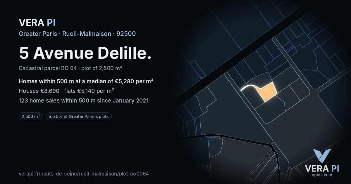 5 Avenue Delille, Rueil-Malmaison at night – the plot lit, the parcels around coloured by the prices near them