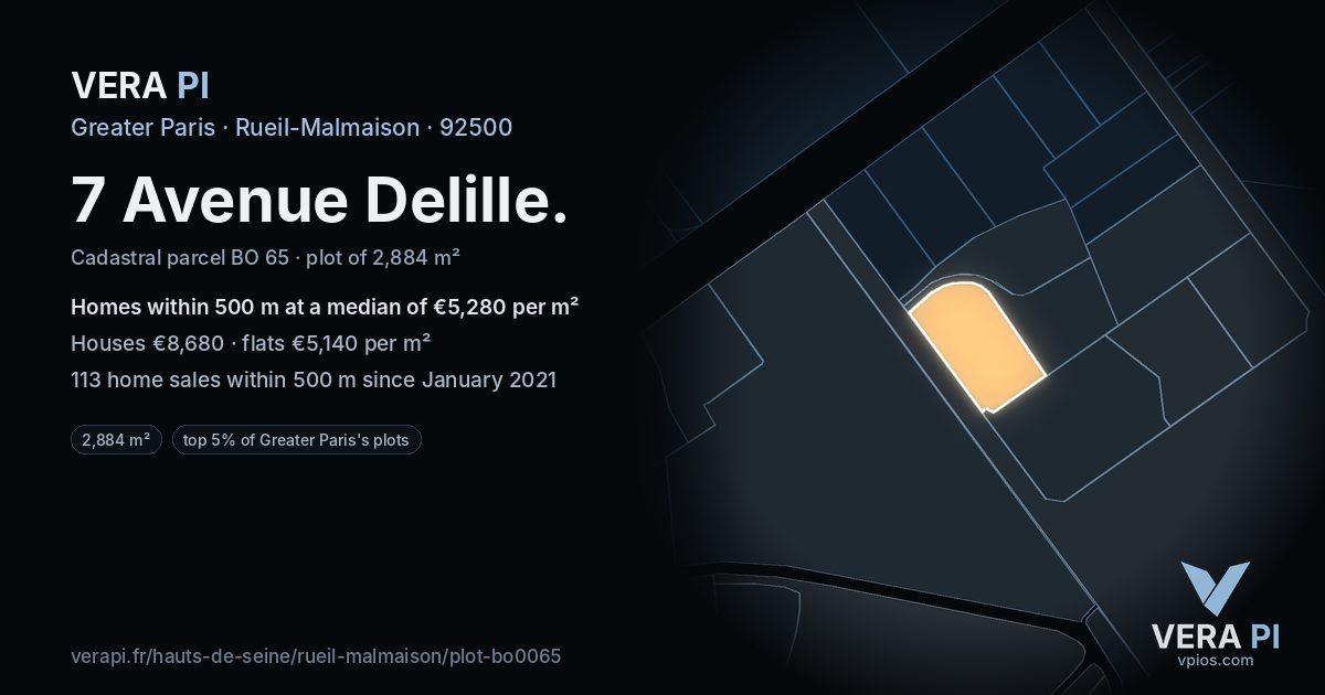 7 Avenue Delille, Rueil-Malmaison at night – the plot lit, the parcels around coloured by the prices near them
