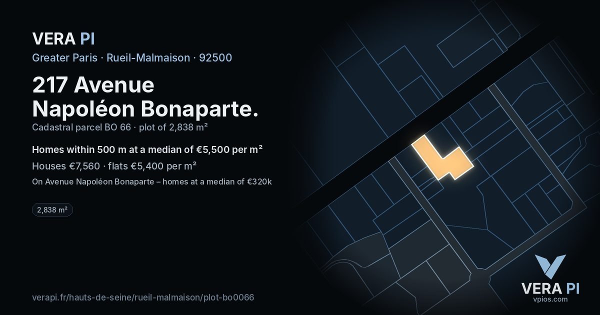 217 Avenue Napoléon Bonaparte, Rueil-Malmaison at night – the plot lit, the parcels around coloured by the prices near them