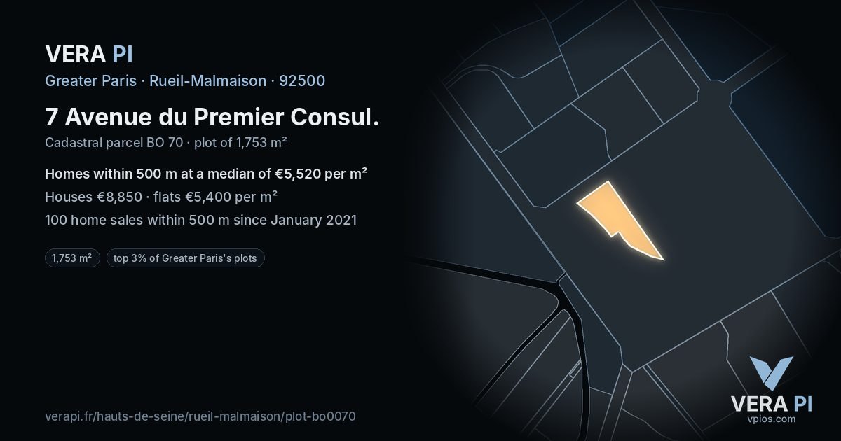 7 Avenue du Premier Consul, Rueil-Malmaison at night – the plot lit, the parcels around coloured by the prices near them
