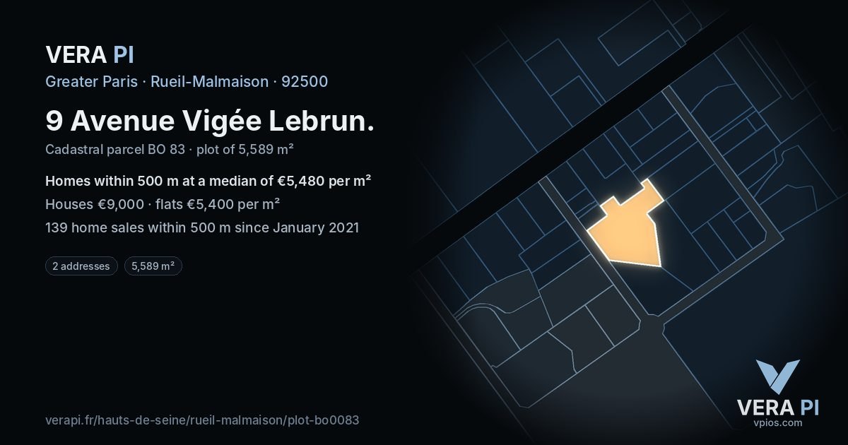 9 Avenue Vigée Lebrun, Rueil-Malmaison at night – the plot lit, the parcels around coloured by the prices near them