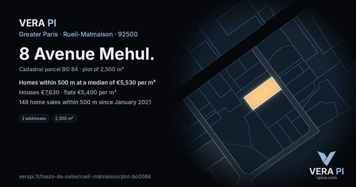 8 Avenue Mehul, Rueil-Malmaison at night – the plot lit, the parcels around coloured by the prices near them