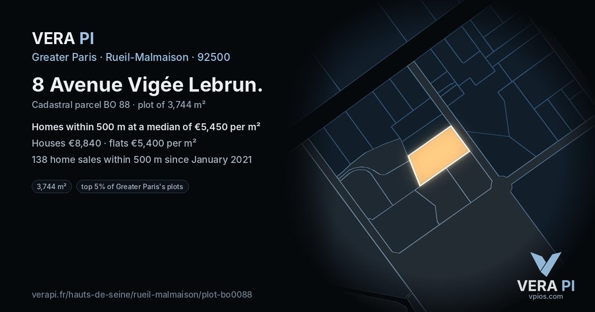 8 Avenue Vigée Lebrun, Rueil-Malmaison at night – the plot lit, the parcels around coloured by the prices near them