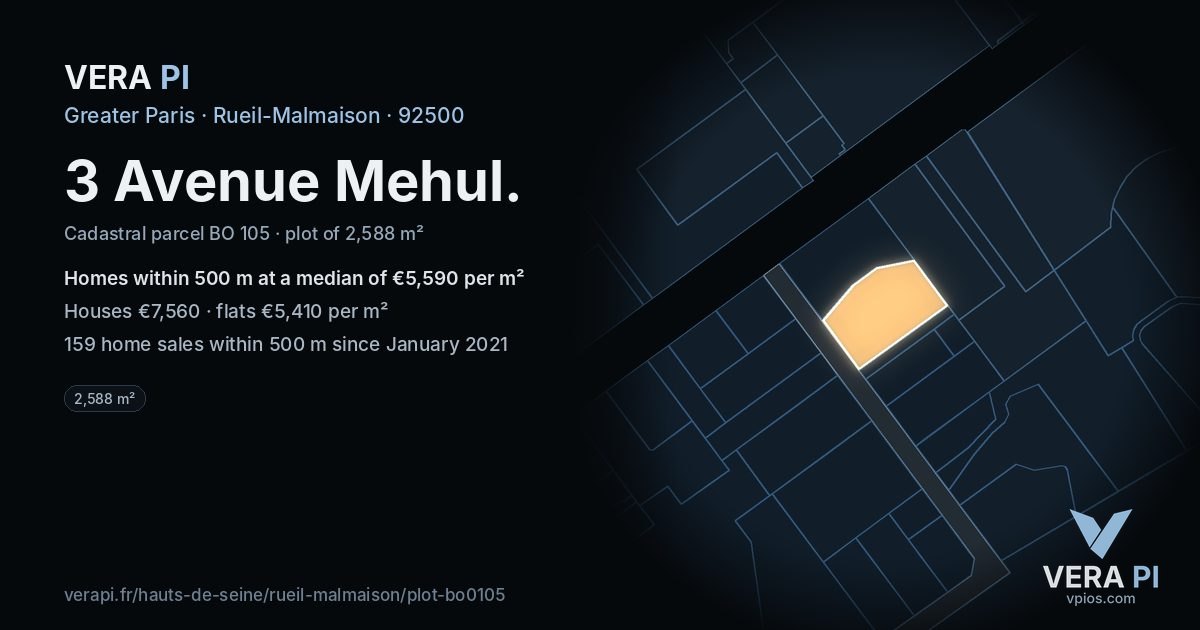 3 Avenue Mehul, Rueil-Malmaison at night – the plot lit, the parcels around coloured by the prices near them