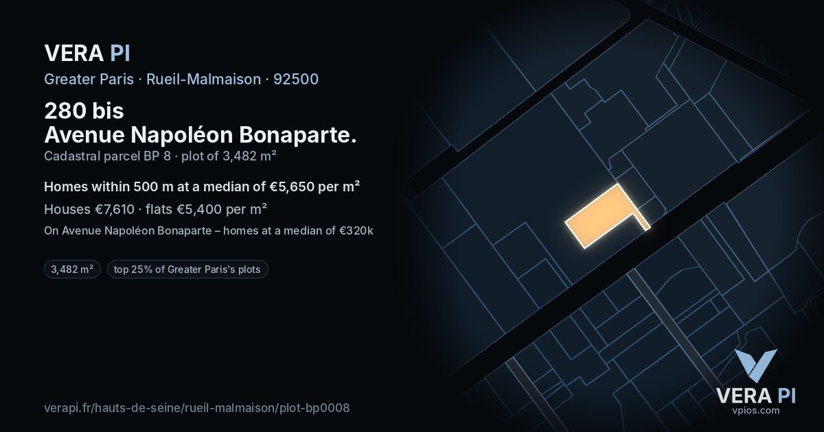 280 bis Avenue Napoléon Bonaparte, Rueil-Malmaison at night – the plot lit, the parcels around coloured by the prices near them