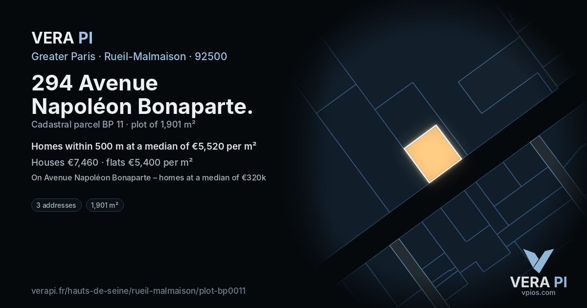 294 Avenue Napoléon Bonaparte, Rueil-Malmaison at night – the plot lit, the parcels around coloured by the prices near them