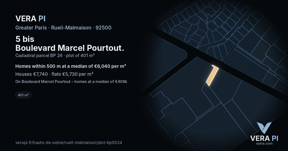 5 bis Boulevard Marcel Pourtout, Rueil-Malmaison at night – the plot lit, the parcels around coloured by the prices near them