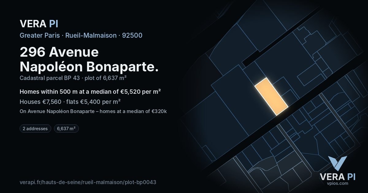 296 Avenue Napoléon Bonaparte, Rueil-Malmaison at night – the plot lit, the parcels around coloured by the prices near them