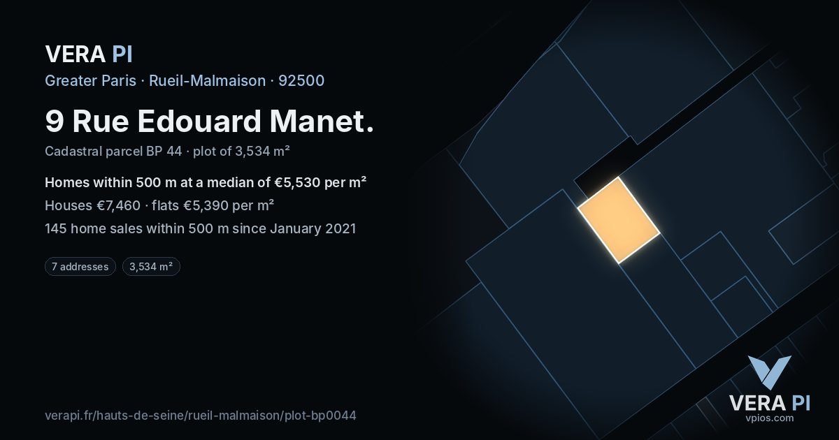 9 Rue Edouard Manet, Rueil-Malmaison at night – the plot lit, the parcels around coloured by the prices near them