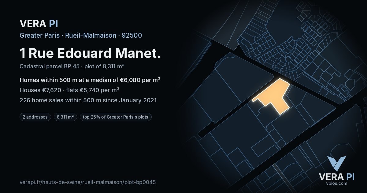 1 Rue Edouard Manet, Rueil-Malmaison at night – the plot lit, the parcels around coloured by the prices near them