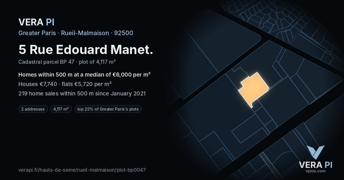 5 Rue Edouard Manet, Rueil-Malmaison at night – the plot lit, the parcels around coloured by the prices near them