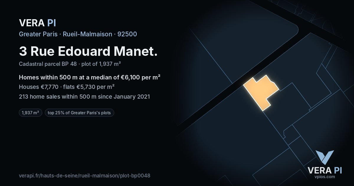 3 Rue Edouard Manet, Rueil-Malmaison at night – the plot lit, the parcels around coloured by the prices near them