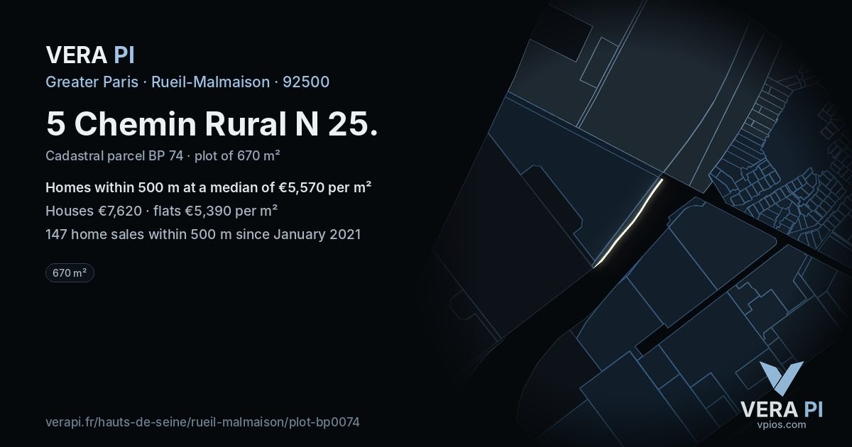 5 Chemin Rural N 25, Rueil-Malmaison at night – the plot lit, the parcels around coloured by the prices near them