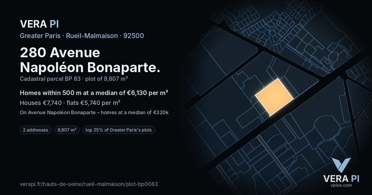 280 Avenue Napoléon Bonaparte, Rueil-Malmaison at night – the plot lit, the parcels around coloured by the prices near them