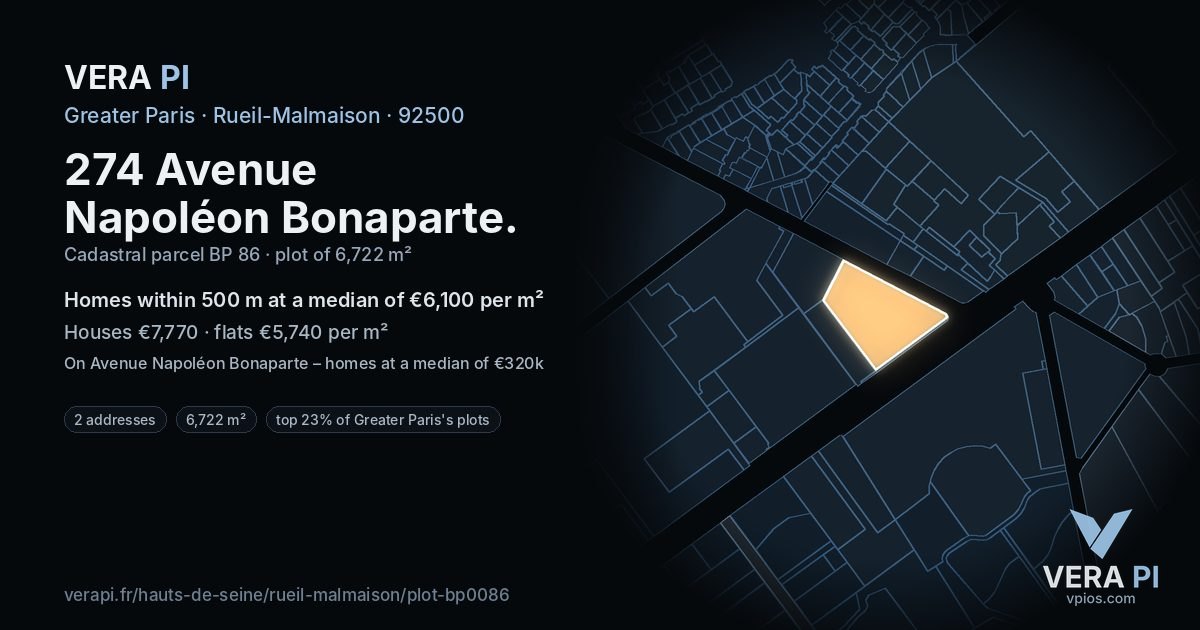 274 Avenue Napoléon Bonaparte, Rueil-Malmaison at night – the plot lit, the parcels around coloured by the prices near them