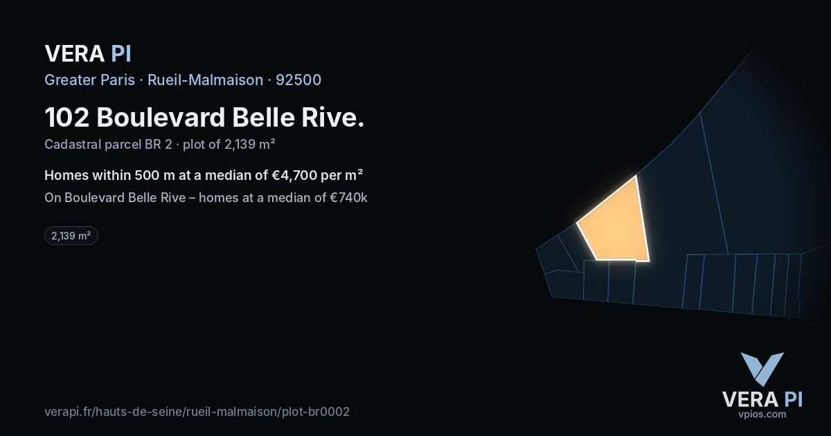 102 Boulevard Belle Rive, Rueil-Malmaison at night – the plot lit, the parcels around coloured by the prices near them
