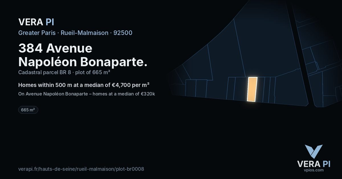 384 Avenue Napoléon Bonaparte, Rueil-Malmaison at night – the plot lit, the parcels around coloured by the prices near them