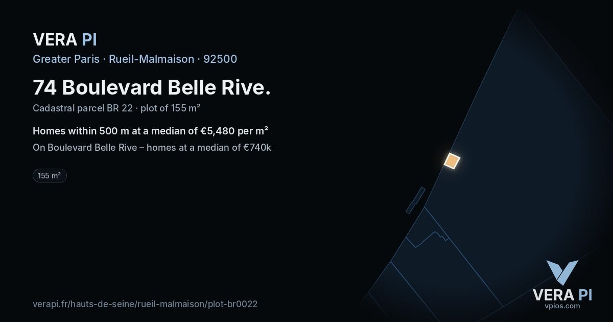 74 Boulevard Belle Rive, Rueil-Malmaison at night – the plot lit, the parcels around coloured by the prices near them
