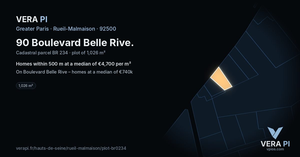 90 Boulevard Belle Rive, Rueil-Malmaison at night – the plot lit, the parcels around coloured by the prices near them