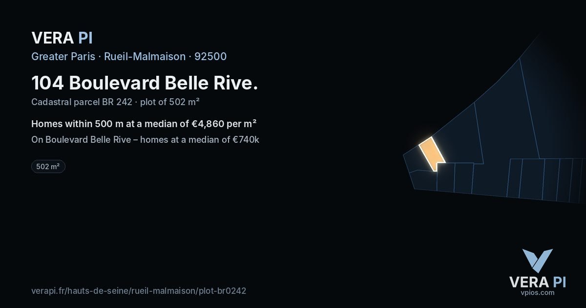 104 Boulevard Belle Rive, Rueil-Malmaison at night – the plot lit, the parcels around coloured by the prices near them