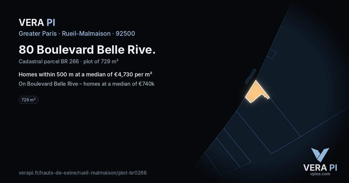 80 Boulevard Belle Rive, Rueil-Malmaison at night – the plot lit, the parcels around coloured by the prices near them