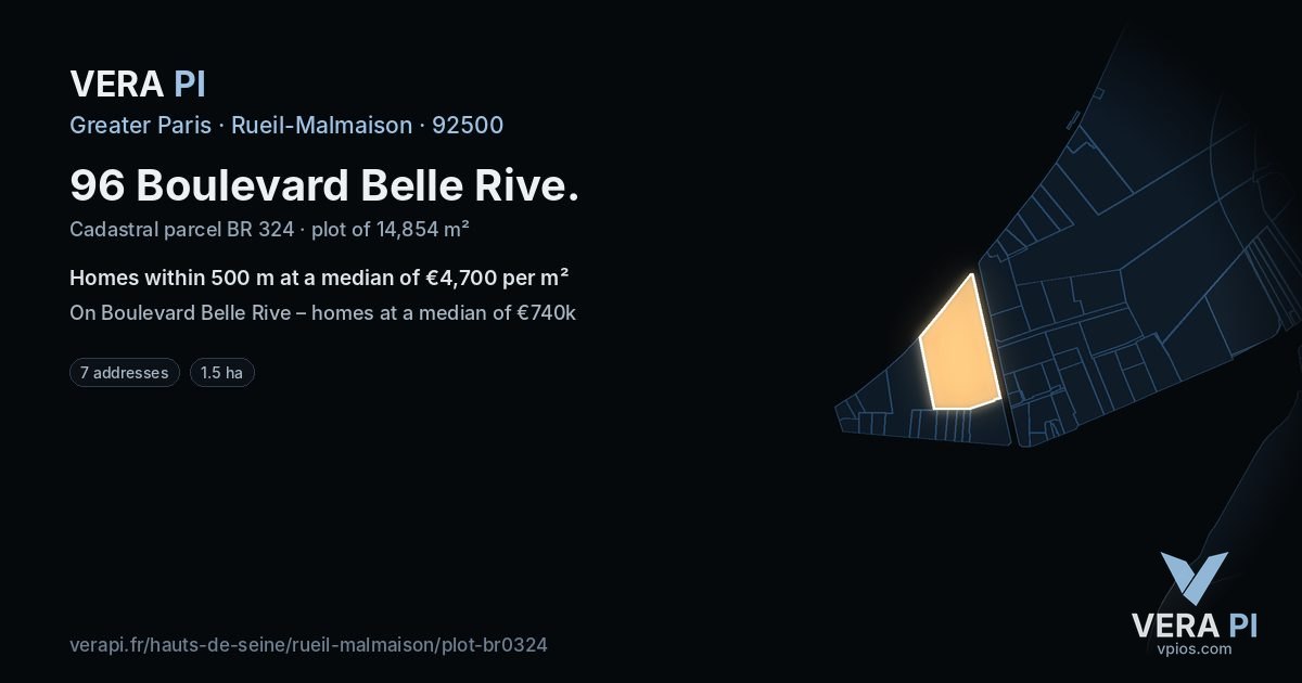 96 Boulevard Belle Rive, Rueil-Malmaison at night – the plot lit, the parcels around coloured by the prices near them