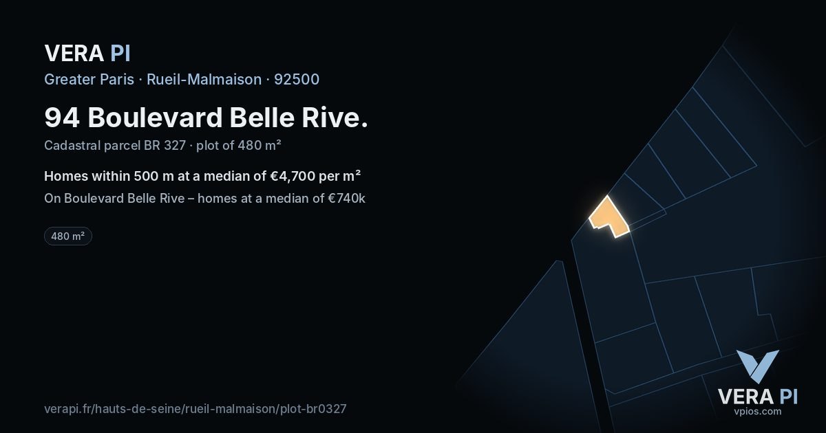 94 Boulevard Belle Rive, Rueil-Malmaison at night – the plot lit, the parcels around coloured by the prices near them