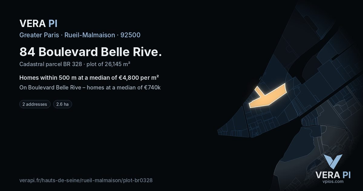 84 Boulevard Belle Rive, Rueil-Malmaison at night – the plot lit, the parcels around coloured by the prices near them