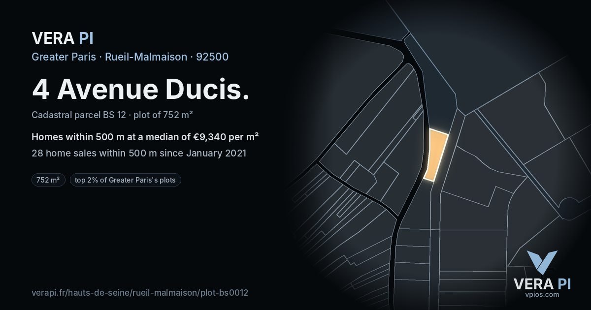 4 Avenue Ducis, Rueil-Malmaison at night – the plot lit, the parcels around coloured by the prices near them