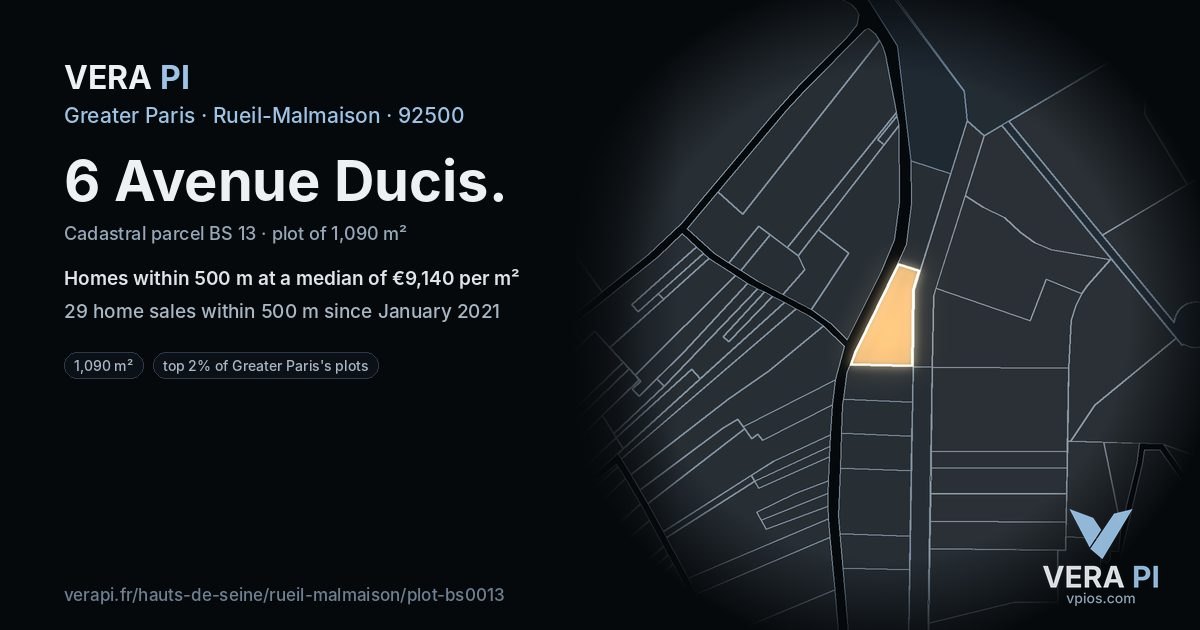 6 Avenue Ducis, Rueil-Malmaison at night – the plot lit, the parcels around coloured by the prices near them
