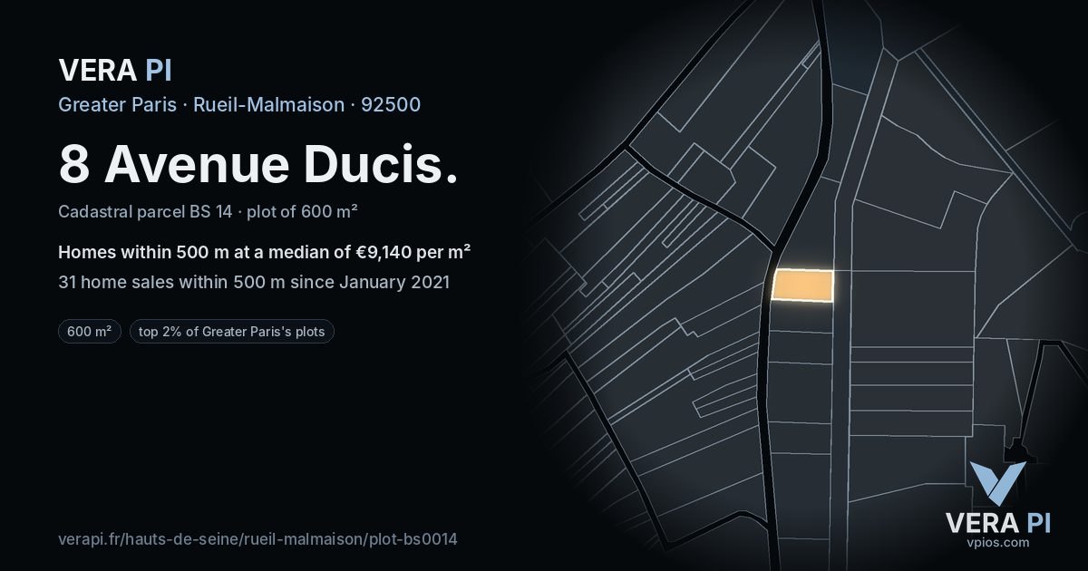 8 Avenue Ducis, Rueil-Malmaison at night – the plot lit, the parcels around coloured by the prices near them