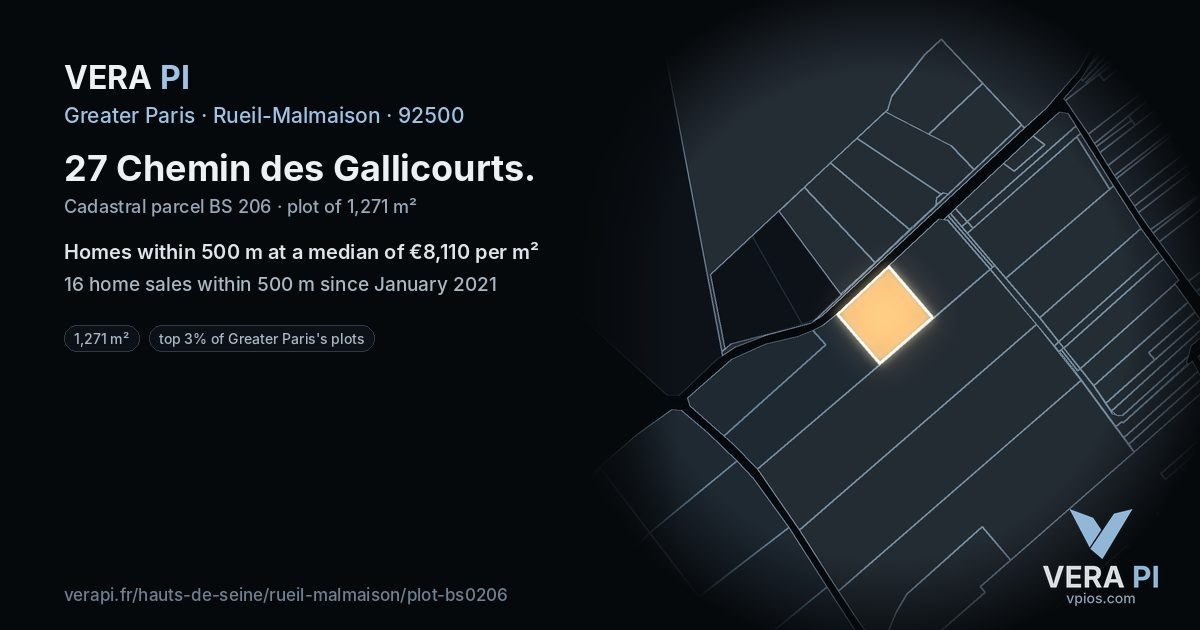 27 Chemin des Gallicourts, Rueil-Malmaison at night – the plot lit, the parcels around coloured by the prices near them