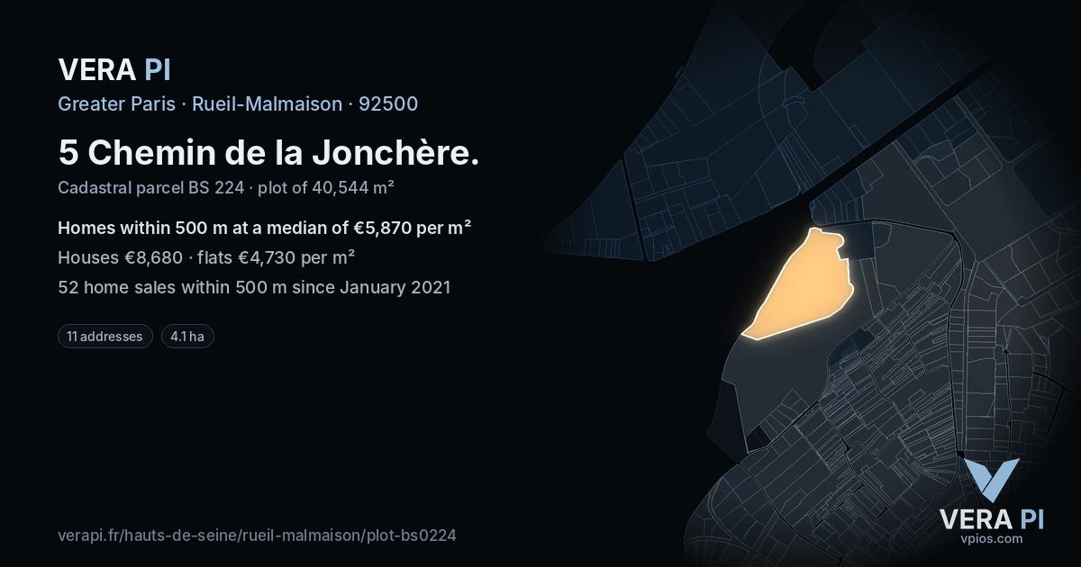 5 Chemin de la Jonchère, Rueil-Malmaison at night – the plot lit, the parcels around coloured by the prices near them
