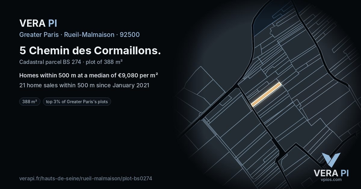 5 Chemin des Cormaillons, Rueil-Malmaison at night – the plot lit, the parcels around coloured by the prices near them