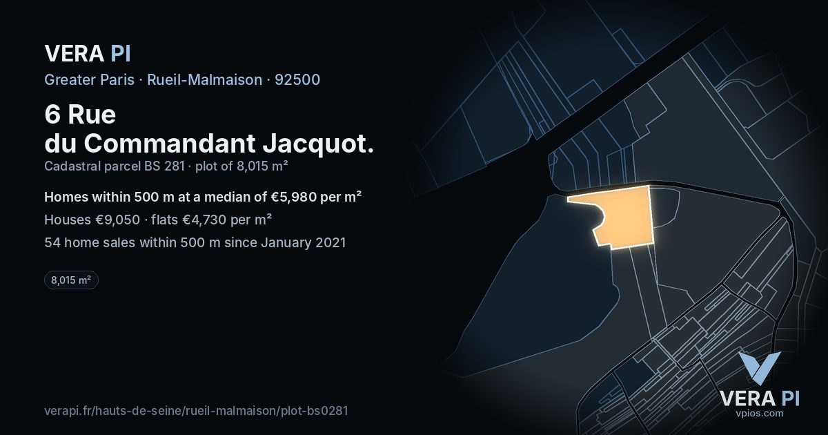 6 Rue du Commandant Jacquot, Rueil-Malmaison at night – the plot lit, the parcels around coloured by the prices near them