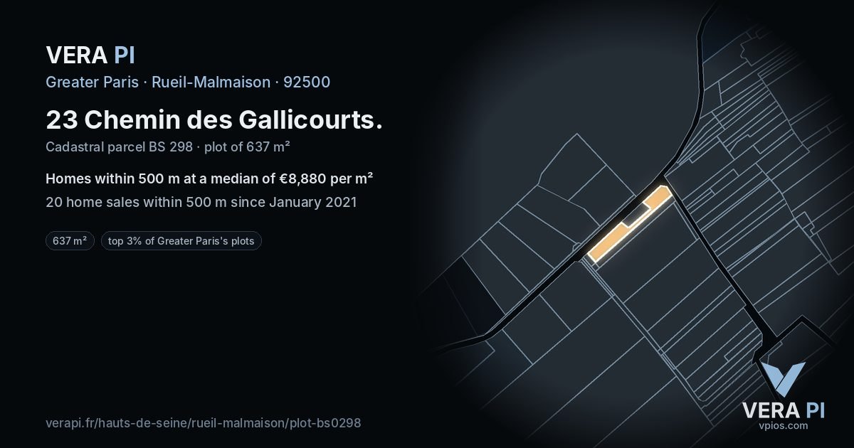 23 Chemin des Gallicourts, Rueil-Malmaison at night – the plot lit, the parcels around coloured by the prices near them