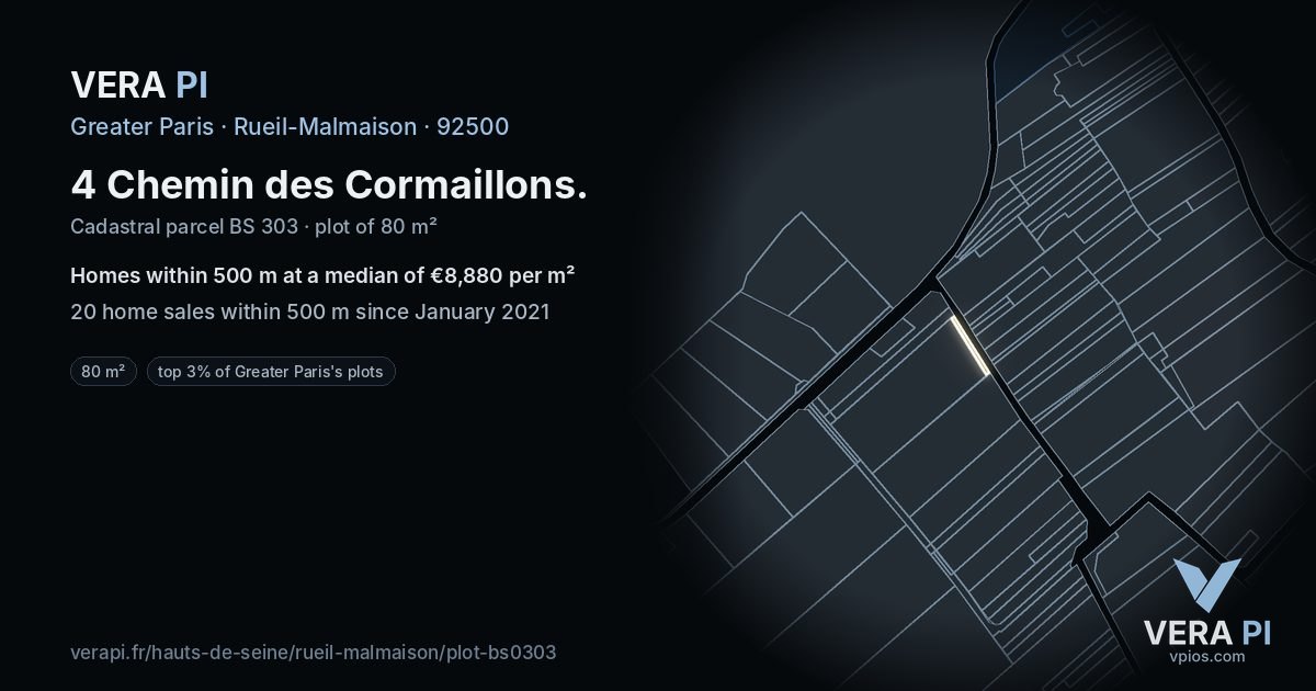 4 Chemin des Cormaillons, Rueil-Malmaison at night – the plot lit, the parcels around coloured by the prices near them