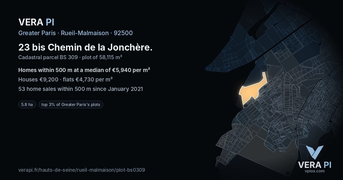 23 bis Chemin de la Jonchère, Rueil-Malmaison at night – the plot lit, the parcels around coloured by the prices near them