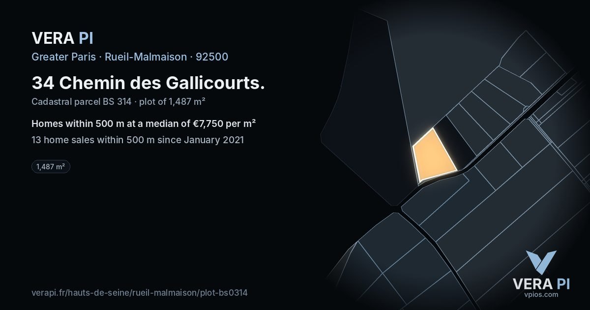 34 Chemin des Gallicourts, Rueil-Malmaison at night – the plot lit, the parcels around coloured by the prices near them