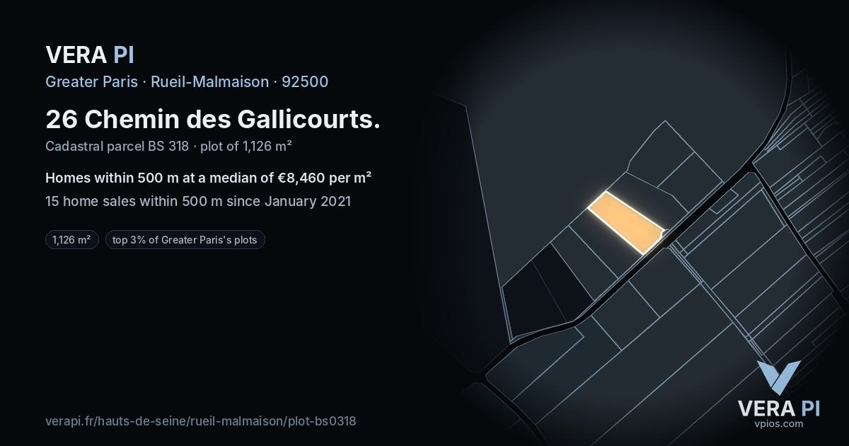 26 Chemin des Gallicourts, Rueil-Malmaison at night – the plot lit, the parcels around coloured by the prices near them