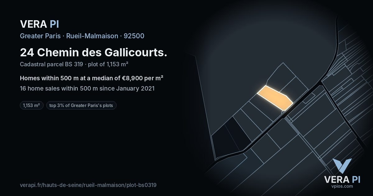 24 Chemin des Gallicourts, Rueil-Malmaison at night – the plot lit, the parcels around coloured by the prices near them
