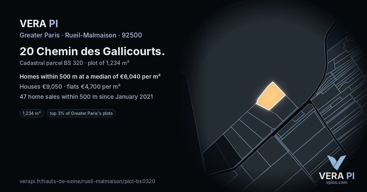 20 Chemin des Gallicourts, Rueil-Malmaison at night – the plot lit, the parcels around coloured by the prices near them
