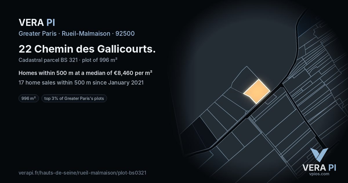 22 Chemin des Gallicourts, Rueil-Malmaison at night – the plot lit, the parcels around coloured by the prices near them