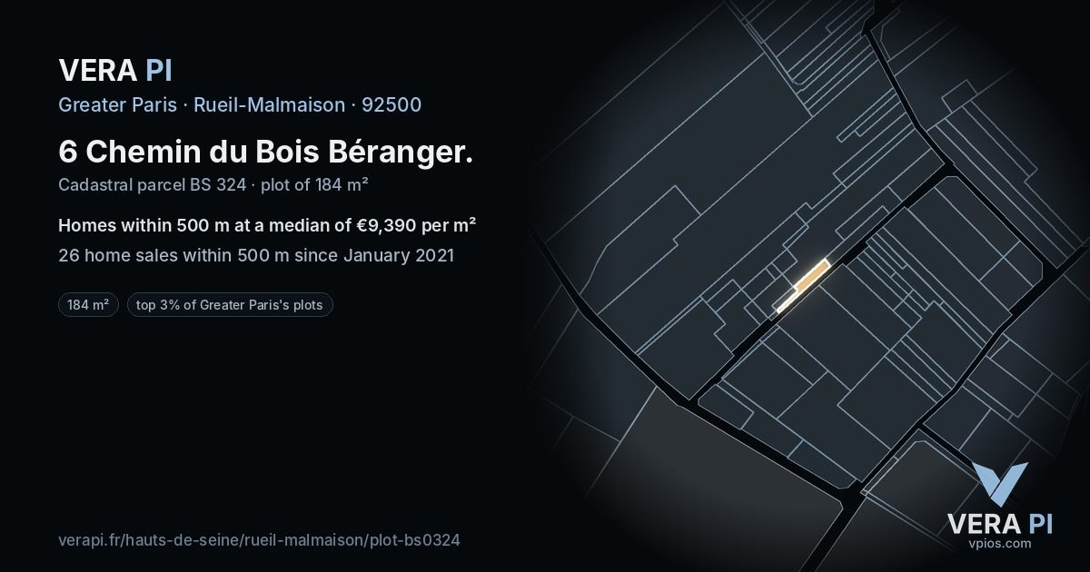 6 Chemin du Bois Béranger, Rueil-Malmaison at night – the plot lit, the parcels around coloured by the prices near them